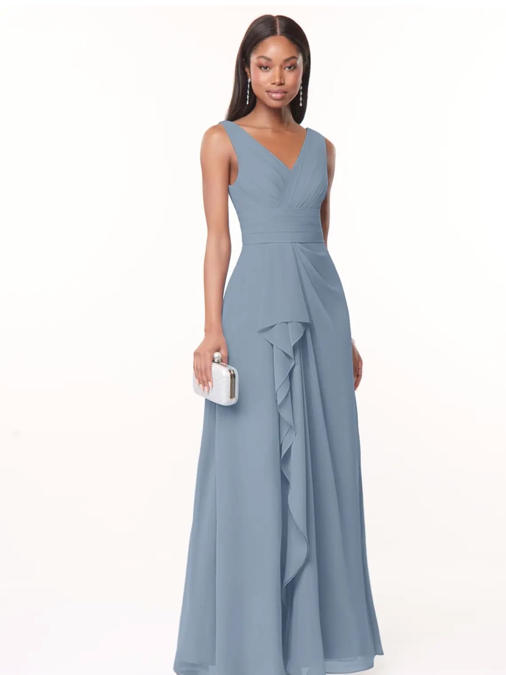 Azazie Slate Blue V-Neck Ruffle A-Line Gown